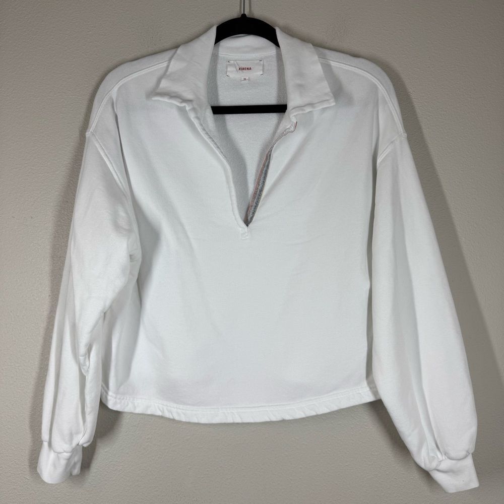 XIRENA Holman Sweatshirt White Prism Polo Split Neck Sparkle Ribbon Women’s XS
